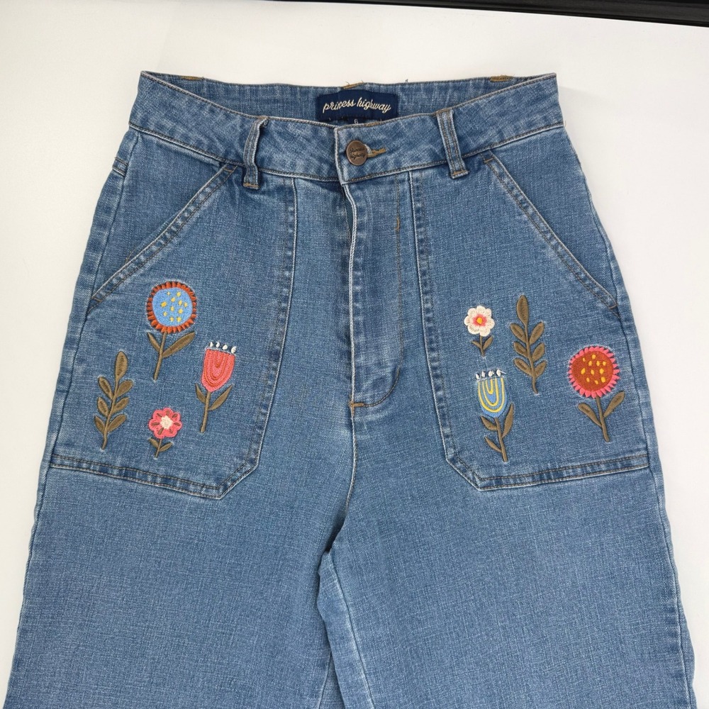 Princess Highway Floral Embroidered Wide Leg Jeans Womens 6 Blue Excellent Boho - Picture 3 of 10